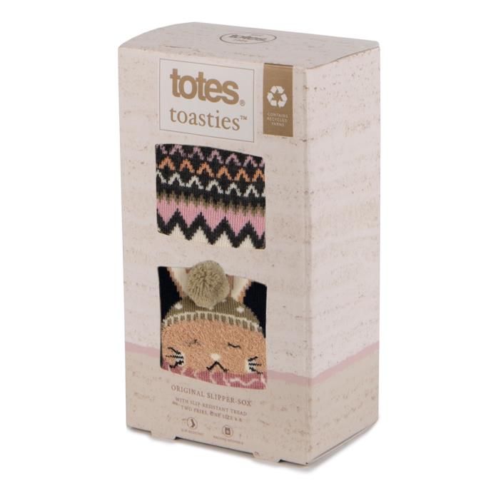 totes toasties® Ladies Original Slipper Socks (Twin Pack) Rabbit / Fairisle Extra Image 1